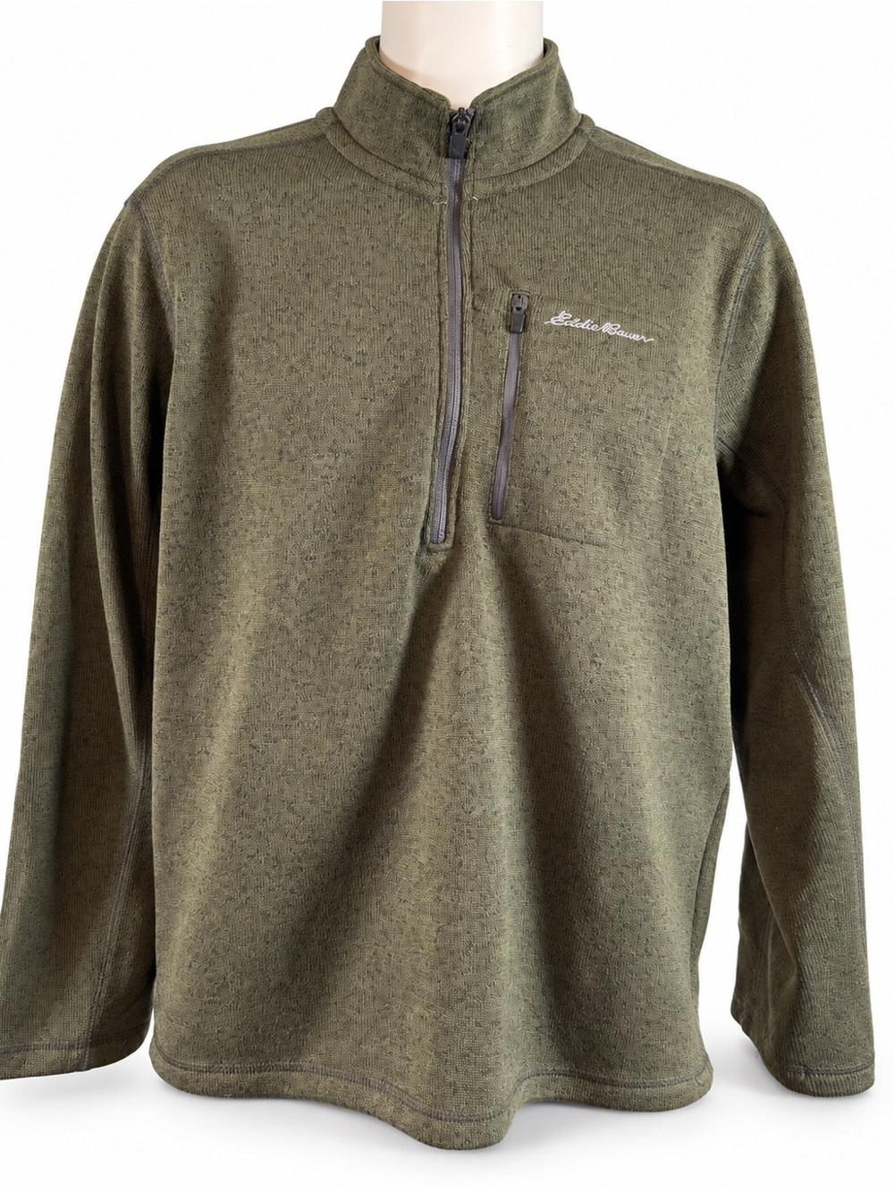 Eddie Bauer Men’s L Olive Heather 1/4 Zip Sweater Fleece Chest Pocket GorpCore